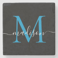 Modern Black Blue Monogram Feminine Script Name
