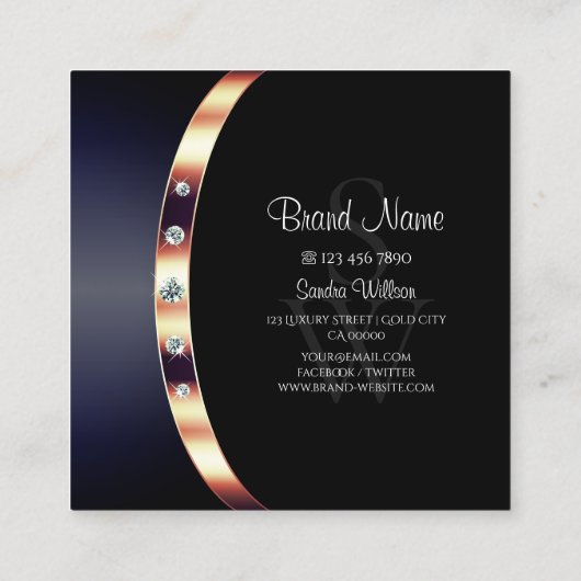 Modern Black Blue Rose Gold mit Monogram Diamonds Quadratische Visitenkarte (Rückseite)