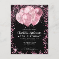 Modern Black Blush Pink Glitzer Ballon Geburtstag Postkarte