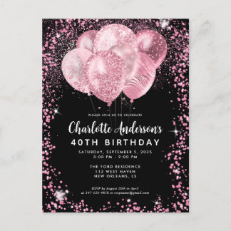 Modern Black Blush Pink Glitzer Ballon Geburtstag Postkarte