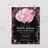 Modern Black Blush Pink Glitzer Ballon Geburtstag Postkarte (Vorne/Hinten)