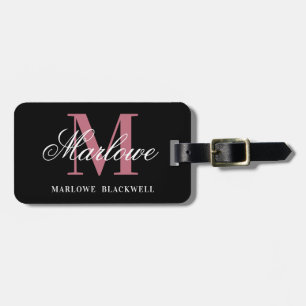 Modern Black Blush Pink Monogram Script Gepäckanhänger