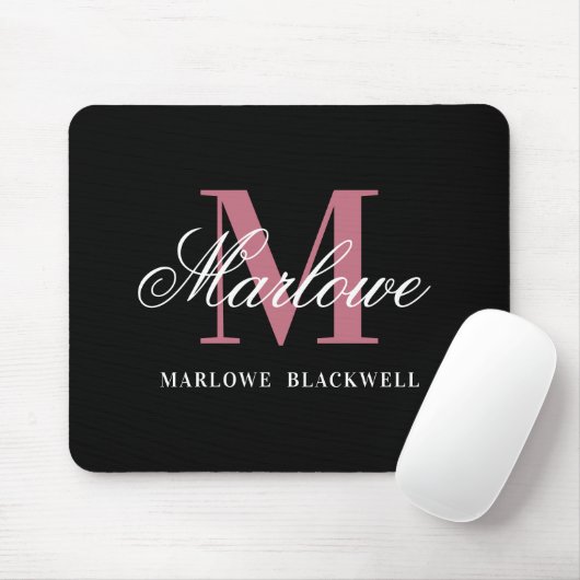 Modern Black Blush Pink Monogram Script Mouse Pad Mousepad (Mit Mouse)
