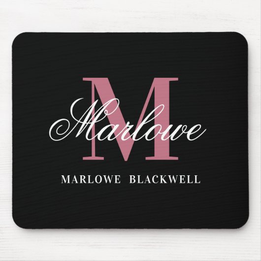 Modern Black Blush Pink Monogram Script Mouse Pad Mousepad (Vorne)