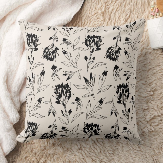 Modern Black Botanical Floral Sketch Pattern Kissen (Decke)