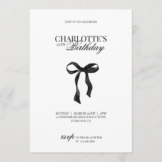 Modern Black Bow Birthday Invitation Einladung (Vorderseite)