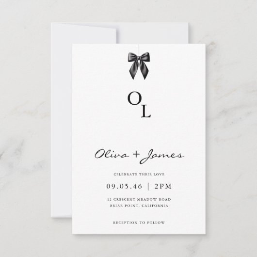 Modern Black Bow Monogram Wedding Invitation Einladung (Vorderseite)