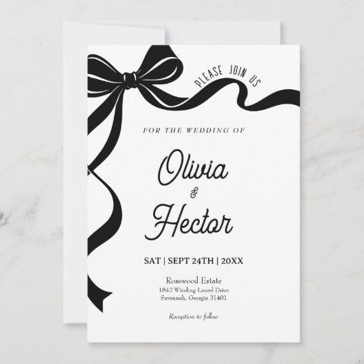 Modern Black Bow Wedding Invitation  Einladung (Vorderseite)