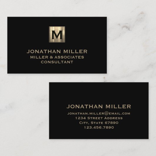 Modern Black Brushed Gold Monogram Visitenkarte (Vorne/Hinten)
