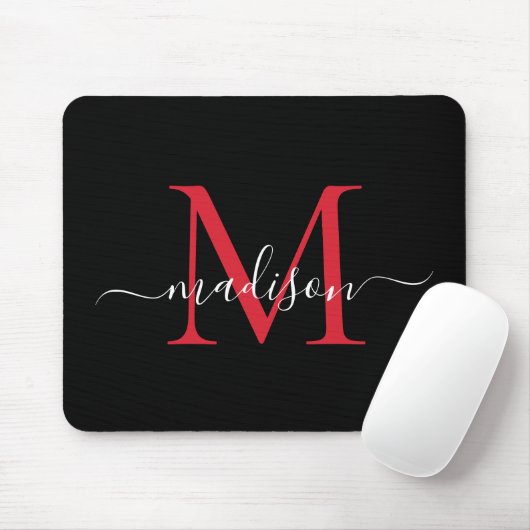 Modern Black Burgundy Red Monogram Girly Script Mousepad (Mit Mouse)