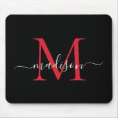 Modern Black Burgundy Red Monogram Girly Script Mousepad (Vorne)