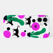Modern Black Cat and Cactus Pattern Monogram iPhone 16 Hülle (Rückseite (Horizontal))