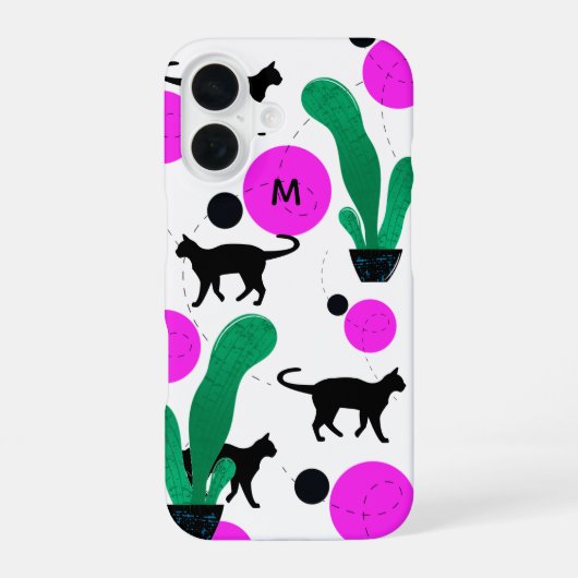 Modern Black Cat and Cactus Pattern Monogram iPhone 16 Hülle (Rückseite)