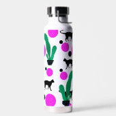 Modern Black Cat and Cactus Pattern Monogram Trinkflasche (Links)