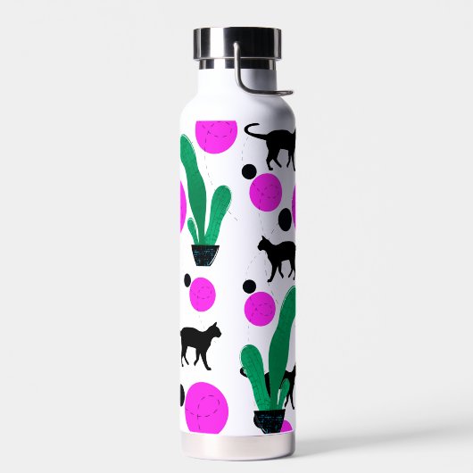 Modern Black Cat and Cactus Pattern Monogram Trinkflasche (Links)
