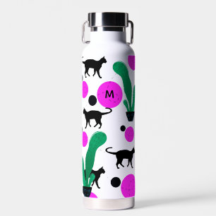 Modern Black Cat and Cactus Pattern Monogram Trinkflasche