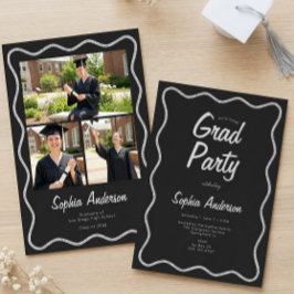 Modern Black Charcoal Photo Collage Graduation Einladung