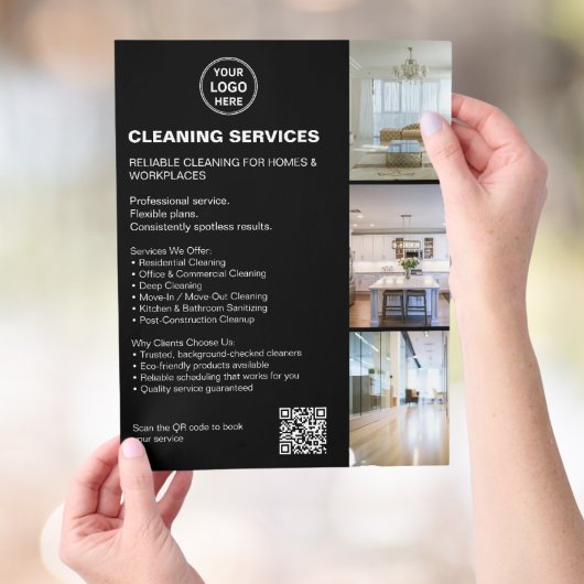 Modern Black Cleaning Services Photo Logo QR Flyer