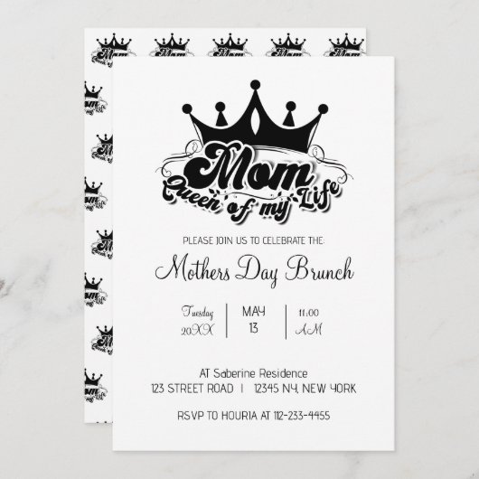 Modern Black Crown MOM Queen of my life Invitation Einladung (Vorne/Hinten)