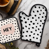 Modern Black Dots & Bubble Chat Pink With Hey Ofenhandschuh & Topflappen-Set
