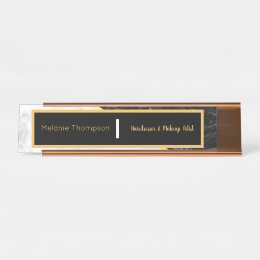 Modern Black Elegant Trendy White Marble Script Schreibtischnamensplakette (Vorderseite )