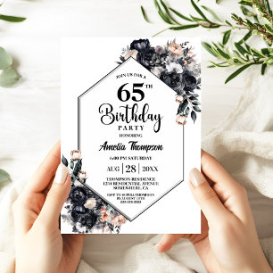 Modern Black Floral 65. Geburtstagsparty Einladung
