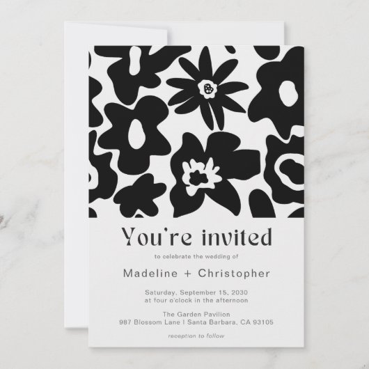 Modern Black Floral QR Code Wedding Einladung (Vorderseite)