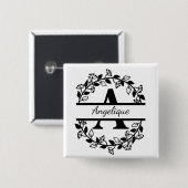 Modern Black Floral Wreath Split Monogram "A" Button (Vorne & Hinten)