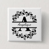 Modern Black Floral Wreath Split Monogram "A" Button (Vorderseite)
