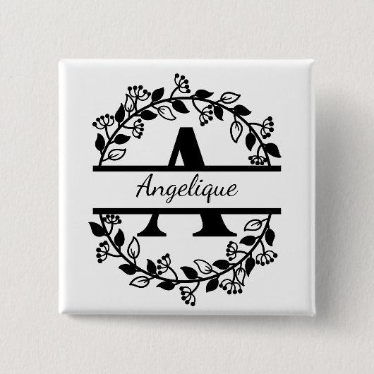 Modern Black Floral Wreath Split Monogram "A" Button (Vorderseite)