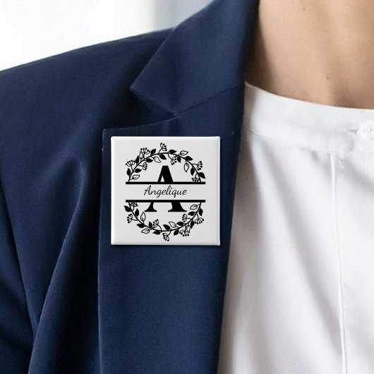 Modern Black Floral Wreath Split Monogram "A" Button