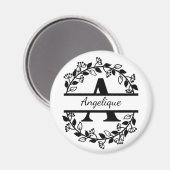 Modern Black Floral Wreath Split Monogram "A" Magnet (Vorderseite/Rückseite)