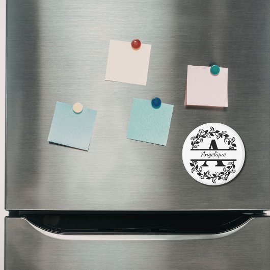 Modern Black Floral Wreath Split Monogram "A" Magnet