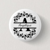 Modern Black Floral Wreath Split Monogram A Round Button (Vorderseite)