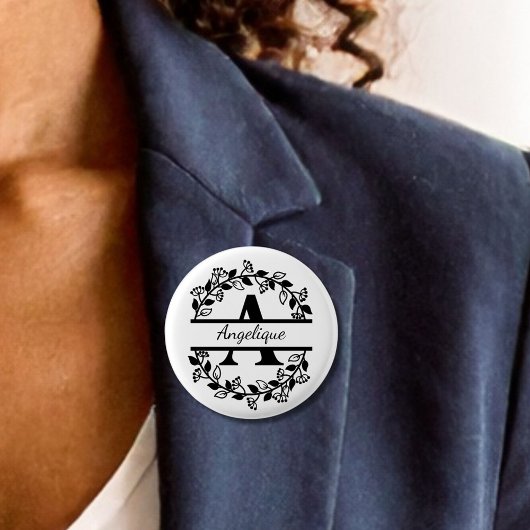 Modern Black Floral Wreath Split Monogram A Round Button