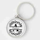 Modern Black Floral Wreath Split Monogram "A" Schlüsselanhänger (Vorne)