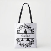 Modern Black Floral Wreath Split Monogram "A" Tasche (Vorderseite)