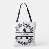 Modern Black Floral Wreath Split Monogram "A" Tasche (Rückseite)