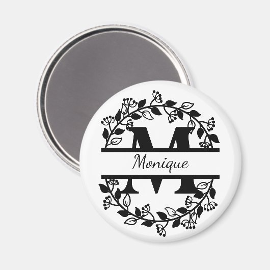 Modern Black Floral Wreath Split Monogram "M" Magnet (Vorderseite/Rückseite)