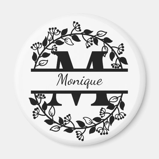 Modern Black Floral Wreath Split Monogram "M" Magnet (Vorne)