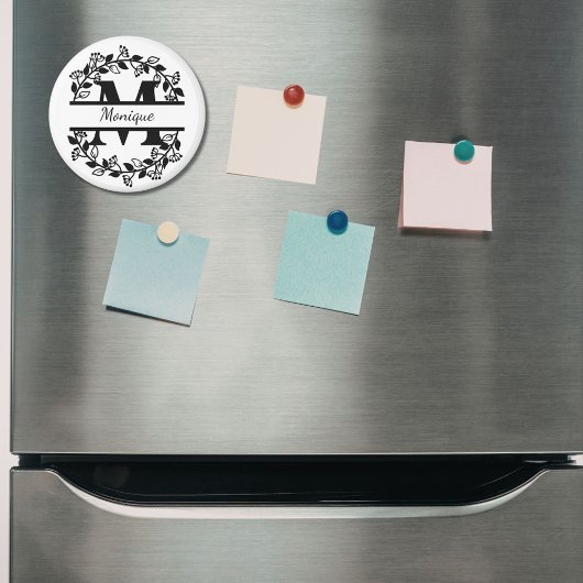 Modern Black Floral Wreath Split Monogram "M" Magnet