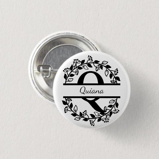 Modern Black Floral Wreath Split Monogram "Q Round Button (Vorne & Hinten)