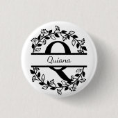 Modern Black Floral Wreath Split Monogram "Q Round Button (Vorderseite)