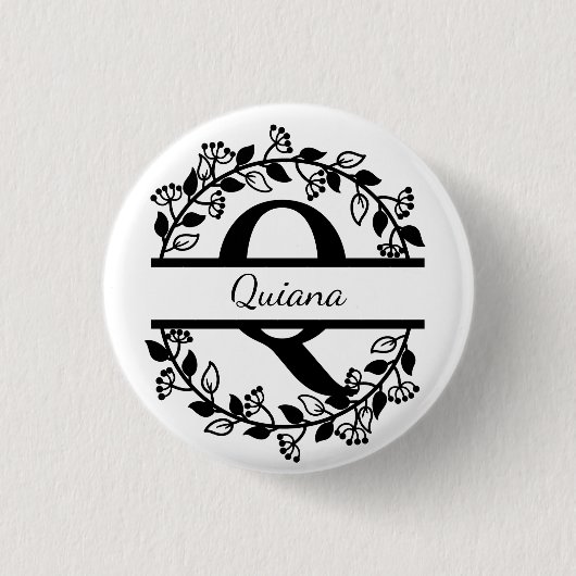 Modern Black Floral Wreath Split Monogram "Q Round Button (Vorderseite)