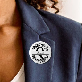 Modern Black Floral Wreath Split Monogram "Q Round Button