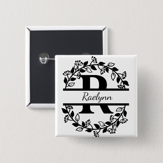 Modern Black Floral Wreath Split Monogram "R" Button (Vorne & Hinten)