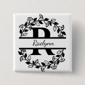Modern Black Floral Wreath Split Monogram "R" Button (Vorderseite)