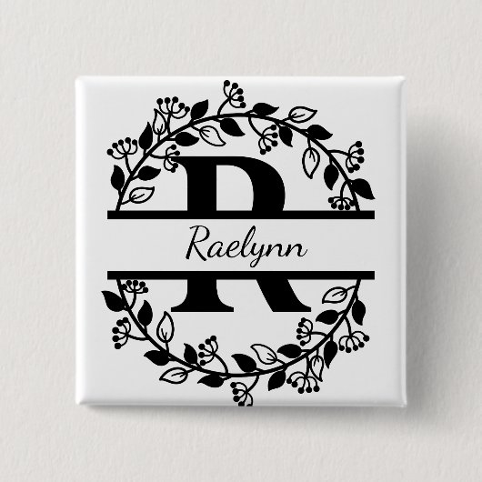 Modern Black Floral Wreath Split Monogram "R" Button (Vorderseite)