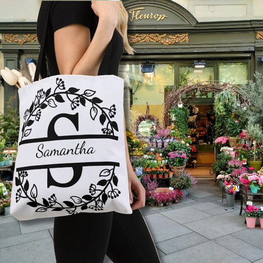 Modern Black Floral Wreath Split Monogram "S" Tasche