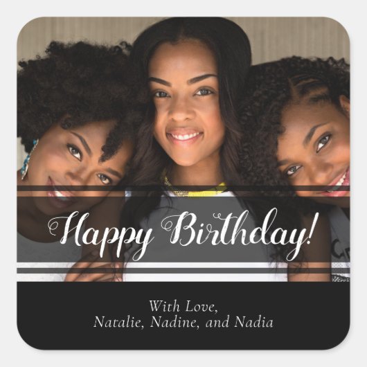 Modern Black Foto Happy Birthday Square Sticker (Vorderseite)